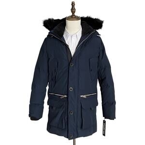 Karl Lagerfeld Paris Men's Small Faux Fur Trimmed Hood Jacket (Flaw) Navy NEW